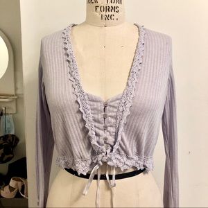 Free People Lilac Long Sleeve Lace Trim Crop Top